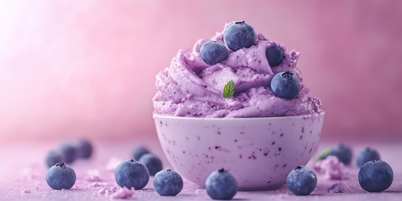 Creamy blueberry dessert served in a white bowl with fresh blueberries on top against a pink background